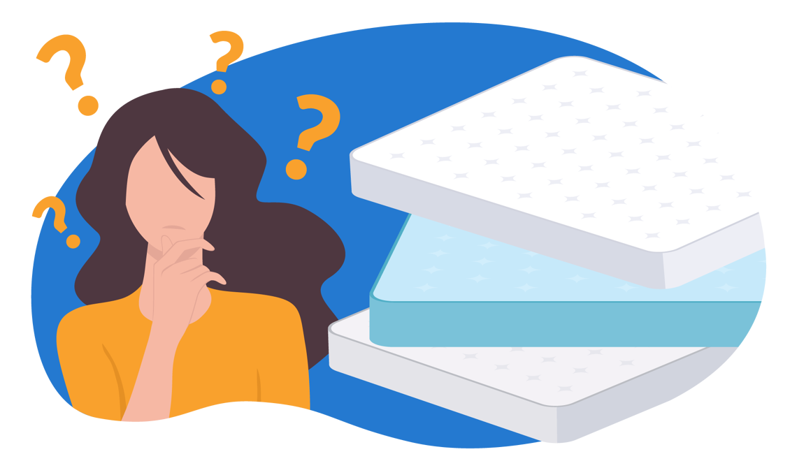 A woman thinking about multiple mattresses to choose from.