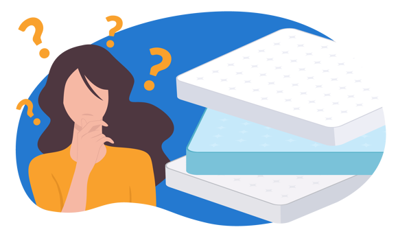 A woman thinking about multiple mattresses to choose from.