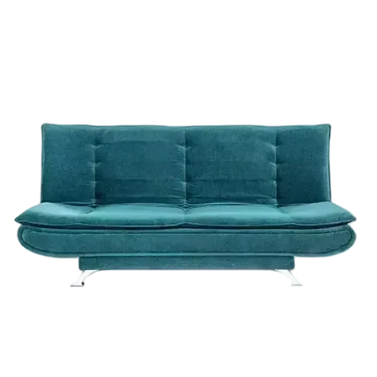 3 seater green coloured sofa come bed with stainless steel legs